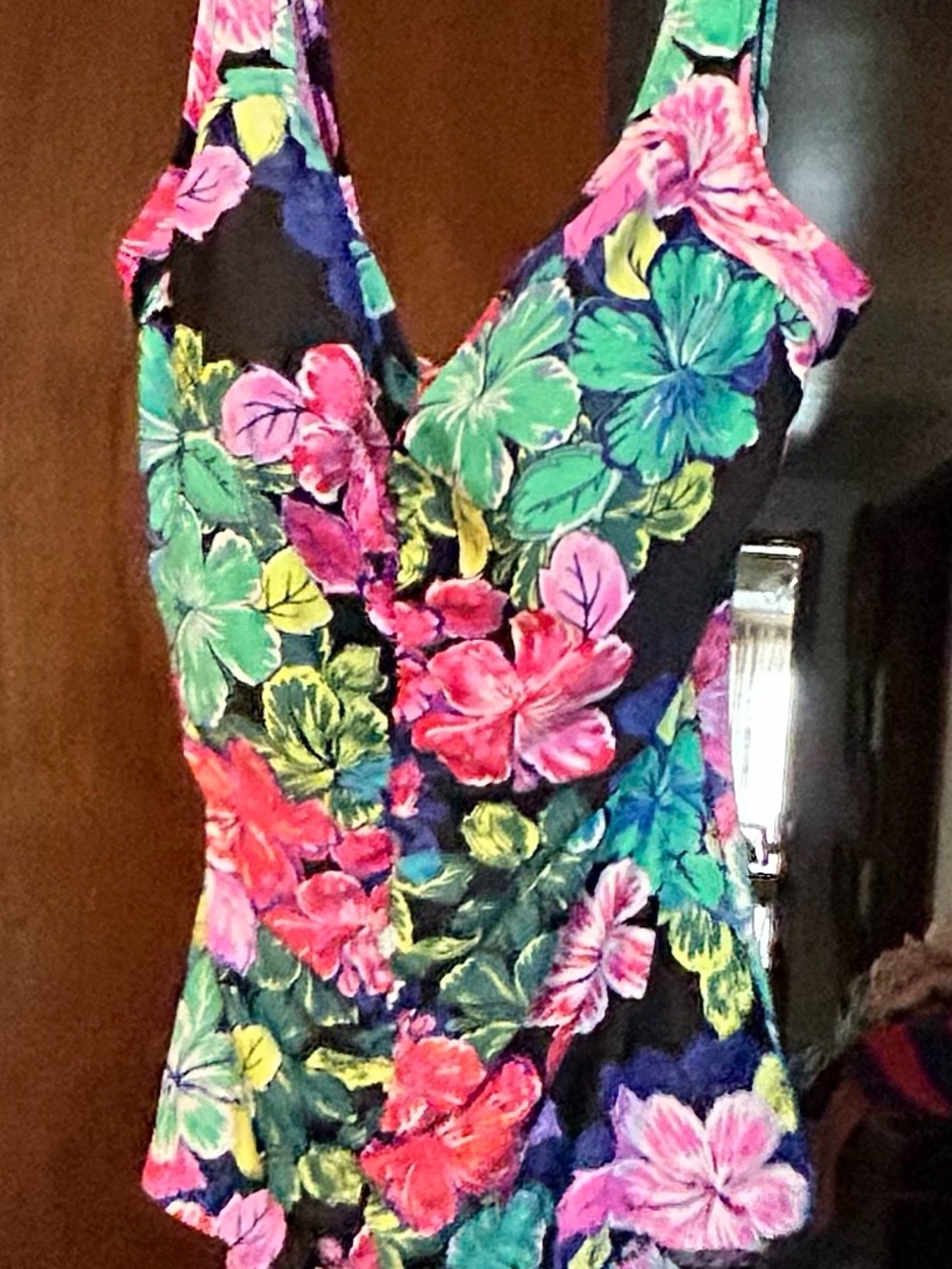 mine Tropical Floral One-Piece Swimsuit in Black with Pink, Green & Blue Blooms